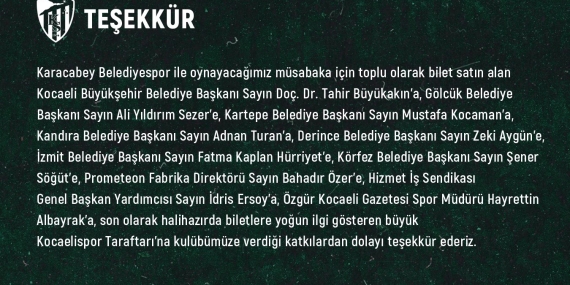 Kocaelispor’dan Teşekkür